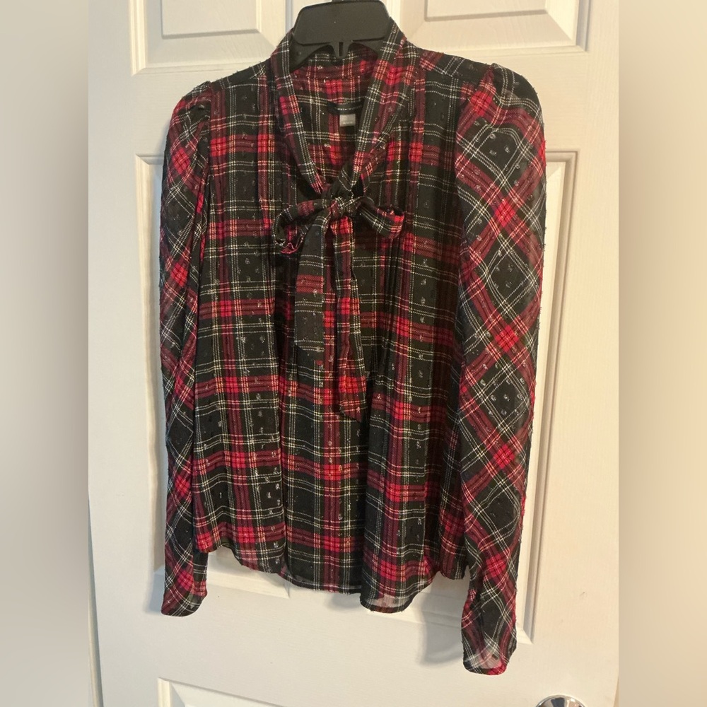 Tommy Hilfiger Women's Pleated Tie-Neck Top Holiday Blouse Red Black Medium